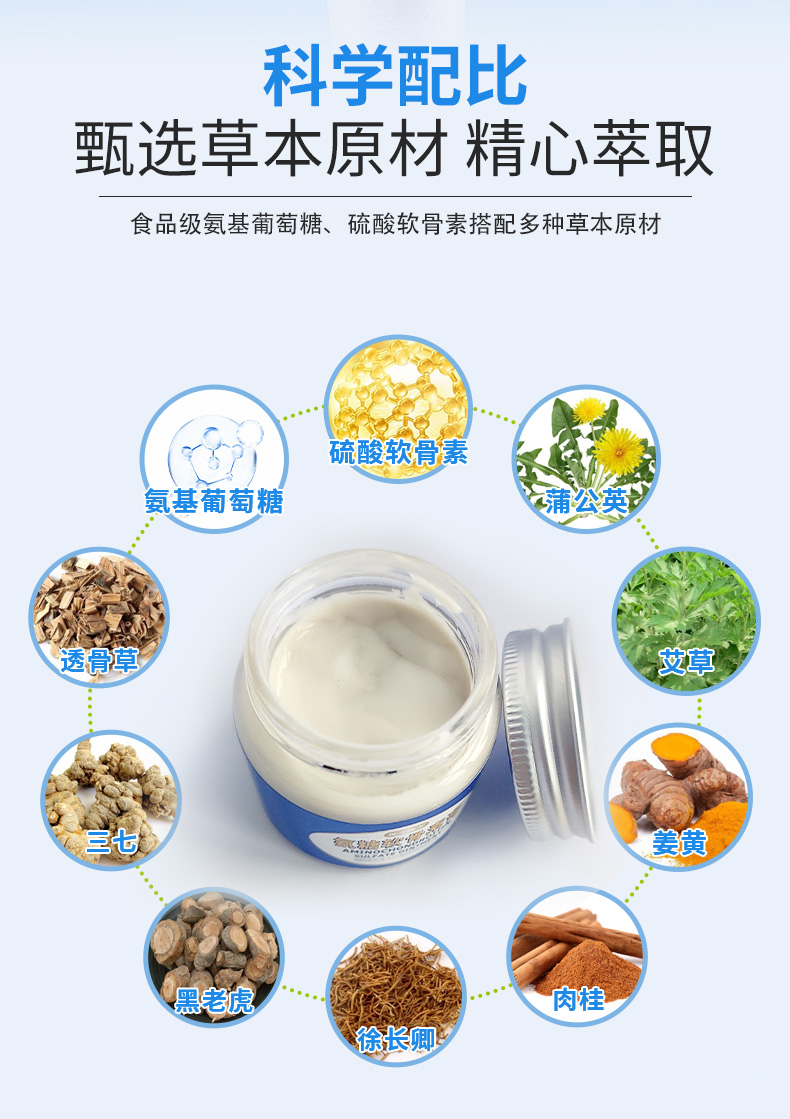 科學(xué)配比，甄選草本原材精心萃取，食品級氨基葡萄糖、硫酸軟骨素搭配多種草本原材